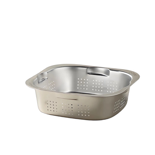Double-Layer Draining Basin Built-in Handles Stainless Steel Colander Set Flat Wide rimed Square Strainer Bowl