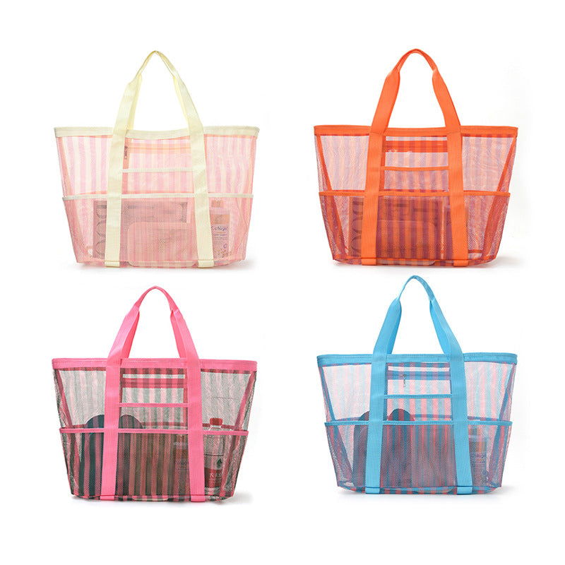 Mesh Beach Bag with Striped Pattern, Multi-purpose, Large Capacity