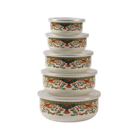 5 Pieces Enamel Bowls with Lids Floral Bowl Set Dishwasher Safe for Refrigerator