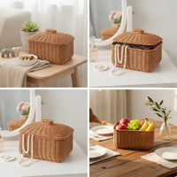 Handmade-Looking Rattan Basket with Lid Decorative Wicker Storage Basket with Lid Versatile Dustproof for Countertop