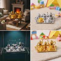 8 Pieces Metal Miniature Tea Set with Tray Elegant Dollhouse Tea Set Silver Detailed for Photographers