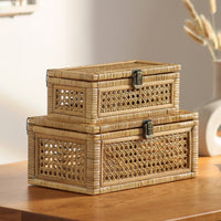 Handwoven Rattan Storage Basket with Lid for Toys, Books, Desktop Organizer