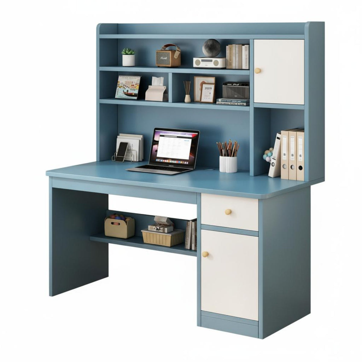 Kids Study Desk and Chair Set Student Writing Table Storage Hutch Sturdy Construction Wide Desktop Comfortable Workspace Rounded Corners Suitable for Home Learning Student Room