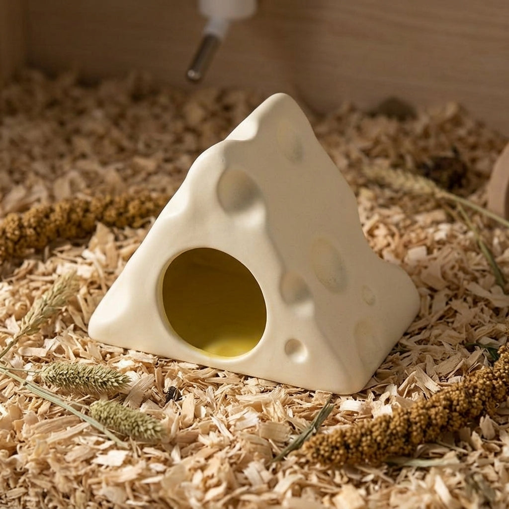 Hamster House Ceramic Hideaway Hamster Nest, Triangle Cartoon Style Nest Cheese for Summer Cooling, Suitable Hamsters Indoor Use Pet Cooling