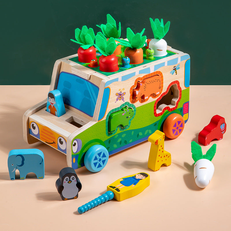 Wooden Animal Pairing and Pulling Radish Toy Car for Toddlers