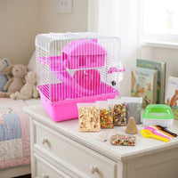 Large Hamster Cage with 10cm Deep Base, Double Layer Habitat Suitable for Hamsters, Indoor Starter Kit Includes All Accessories and Food 400g