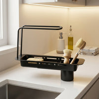 Dish Rack and Dish Drainer with Sink Strainer, Stainless Steel Extendable Utensil Holder, Space Saving Kitchen Sink Organizer with Towel Bar