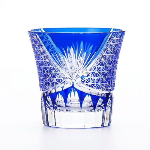 Japanese Kiriko-style Crystal Whiskey Glass, Black Chrysanthemum