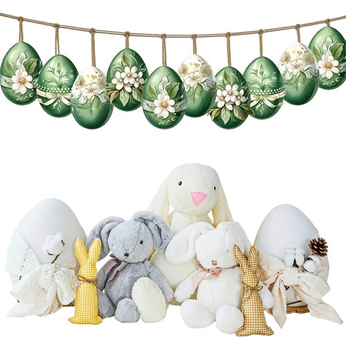 Easter Wooden Hanging Decorations, 12 Piece Egg Ornaments with Rope, Boxwood Indoor Outdoor Decor