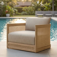 Natural Wood-Toned Wooden Armchair with Rattan Sides Woven Outdoor Sofa Chair Thick Lounge Sofa with Cushions Comfortable for Courtyard