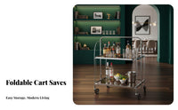 Easy Mobility Foldable Glass Cart Multi-Functional Rolling Serving Cart Versatile Wheeled Beverage Trolley Locking Wheels for Apartment Dwellers, Entertainers, Home Decor Enthusiasts, Living Room, Kitchen, Parties, Bedroom