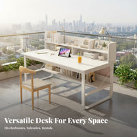 Home Office Workstation Multi-Functional Study Table with Storage Shelves Wide Desktop Writing Desk with Bookshelf for Bedroom, Small Space, Dorm Room