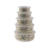 5 Pieces Enamel Bowls with Lids Floral Bowl Set Dishwasher Safe for Refrigerator