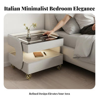 Smart Nightstand with Casters Cordless Charging Bedside Table Minimalist Furniture Glass Top Adjustable Glow Panel and Secure Storage Suitable for Digital Technology Enthusiasts Students Bedroom