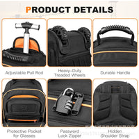 Rolling Tool Backpack with 75 Pockets and Molded Base for Electricians and Construction Work