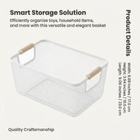 Bathroom Storage Baskets for Shelves with Wooden Handles, Iron Wire Organizer Bins for Toy White Set for Families