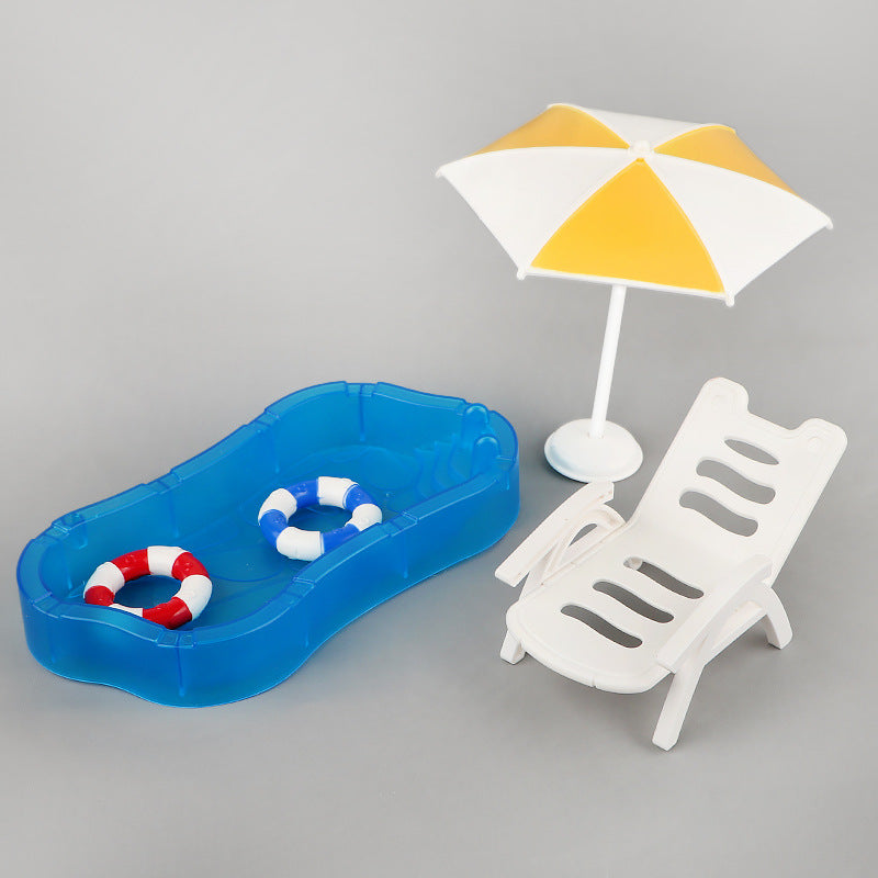 Miniature Dollhouse Pool Set with Swim Ring, Palm Tree, Umbrella, and Beach Chair - Toy Accessories