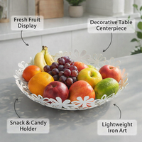 Metal Fruit Bowl with Flower Hollow Design for Kitchen Counter, Iron Basket for Minimalist Home Decor