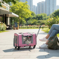 Rolling Pet Carrier Telescoping Handle Wheeled Feline Carrier Zippered Openings