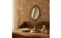 Vintage Brass Mirror with Pedestal Base Ornate Oval Vanity Mirror with Stand Gold-Toned Adjustable for Dressing Table, Bedroom