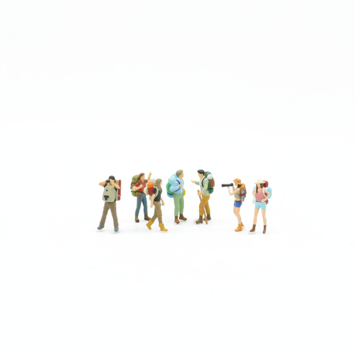 7 Pieces Photography Props Backpacking Hiker Figurines Mixed Colors Outdoor Clothing Hiking Gear Sand Table Scene Figures Miniature Decor for Micro Landscape