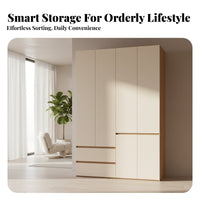 Wooden Clothes Closet Thickened Panels Wardrobe with Drawers and Shelves Sturdy Large Capacity Closet for Families, Renters, Dressing Room, Apartment