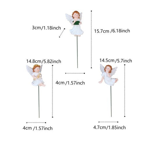 3 Pieces Winged Floral Ornament Pick Set Outdoor Use Resin Angel Plant Stake Mini Size Garden Ornament for Gardeners, Planter