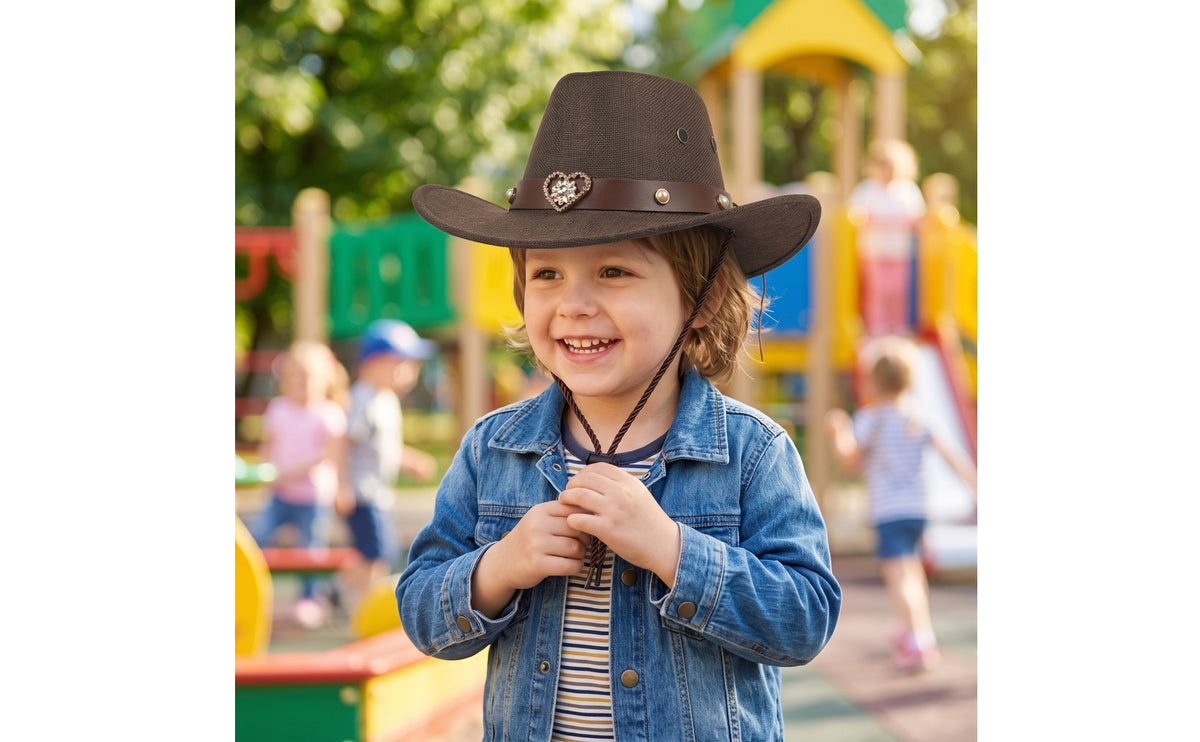 Wide Brim Western Hat with Heart Ornament Adjustable Cowboy Hat with Chin Cord Summer Woven for Girls, Kids, Toddlers, Dress-up, Costume Parties, Outdoor Play