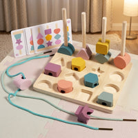 Multifunctional Lacing Board with Pegs Wooden Geometric Matching Board Fine Motor Skills Sorting and Stacking Toy Set Educational for Toddlers, Preschoolers, Homeschooling