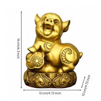 Pig Statue with Base Gold-Toned Astrological Ornament Cute for Shelf, Cabinet