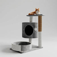Cat Activity Center with House and Hammock, 2-Level Perch featuring Scratching Board, Simple Style Indoor Kitten Play Area for Small Areas
