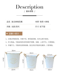 美式复古蓝色铁皮桶麻绳提把手铁艺花桶客厅装饰收纳花盆铁筐摆件