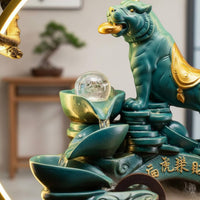 Solid Wood Base Ceramic Feng Shui Ornament Tiger Figurine Water Fountain Crystal Ball Water Feature for Business Owners, Entrance Hall, Desktop, Living Room, Meditation Space