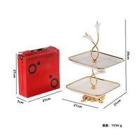 Two Layer Fruit Tray High-End Look Ceramic Dessert Plate Stand Gold Trim