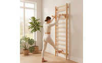 Wooden Nordic Ladder Space-Saving Wall Ladder with Pull-up Bar Multifunctional Stall Rungs Heavy-Duty for Adults, Athletes, Physical Rehabilitation, Fitness Studio