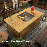Timeless Earthy Design Coffee Table Indoor Outdoor Use Aged Elm Wood Table Multifunctional Home Furniture for Tea Lovers, Homeowners, Camping, Patio