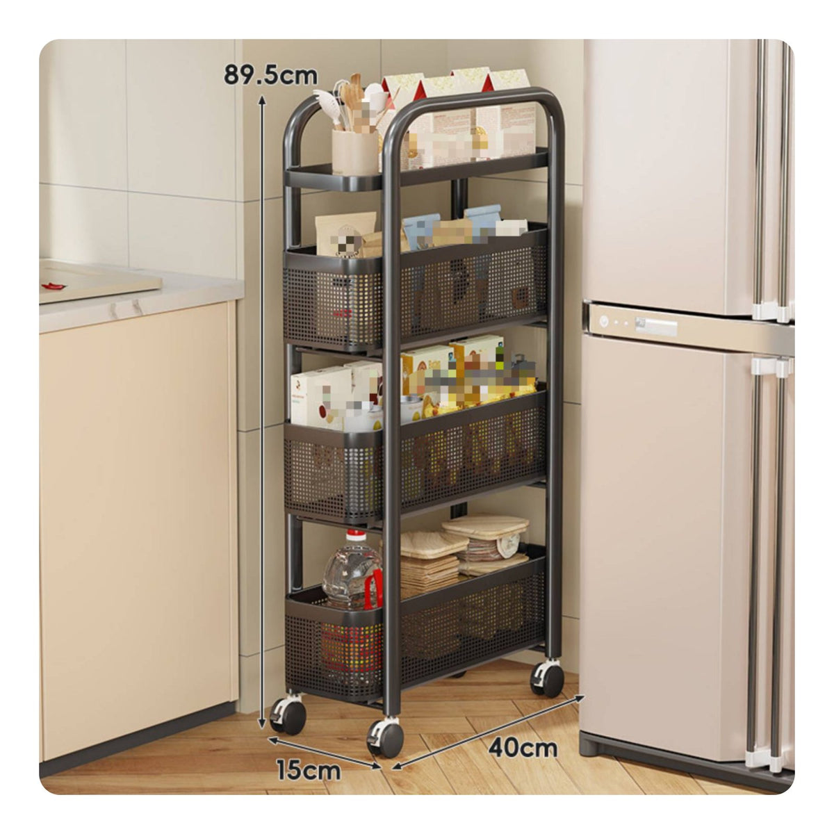 Storage Cart with Pull Out Basket Space Saving Narrow Rolling Shelf Tool Assembly Rolling Cart for Kitchen Space