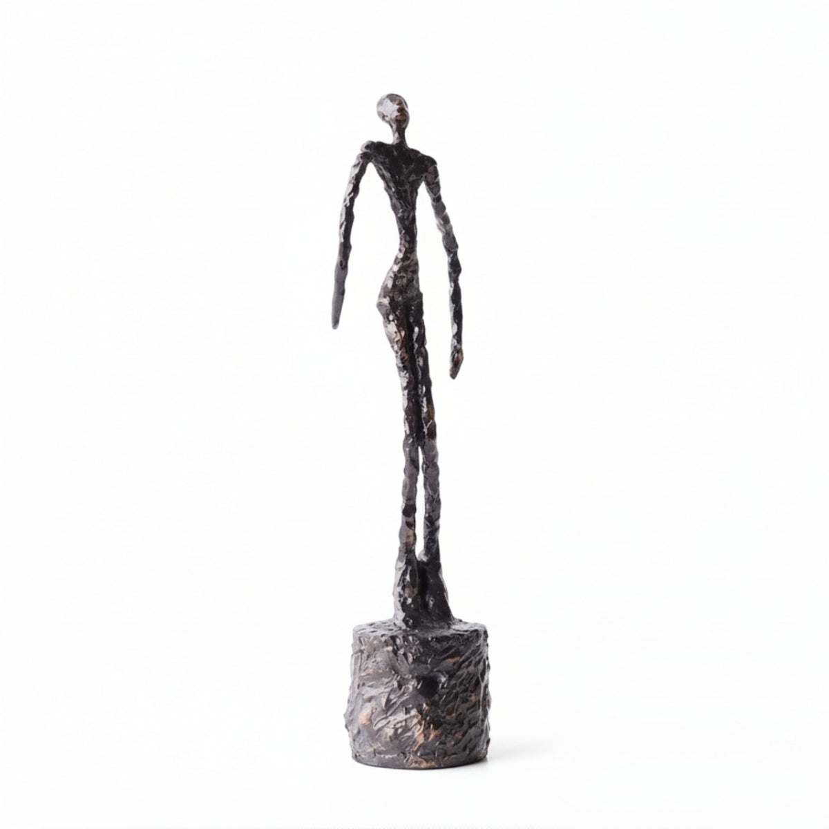 Human Figure Sculpture Metal-Like Sculpture with Cylindrical Base Contemporary
