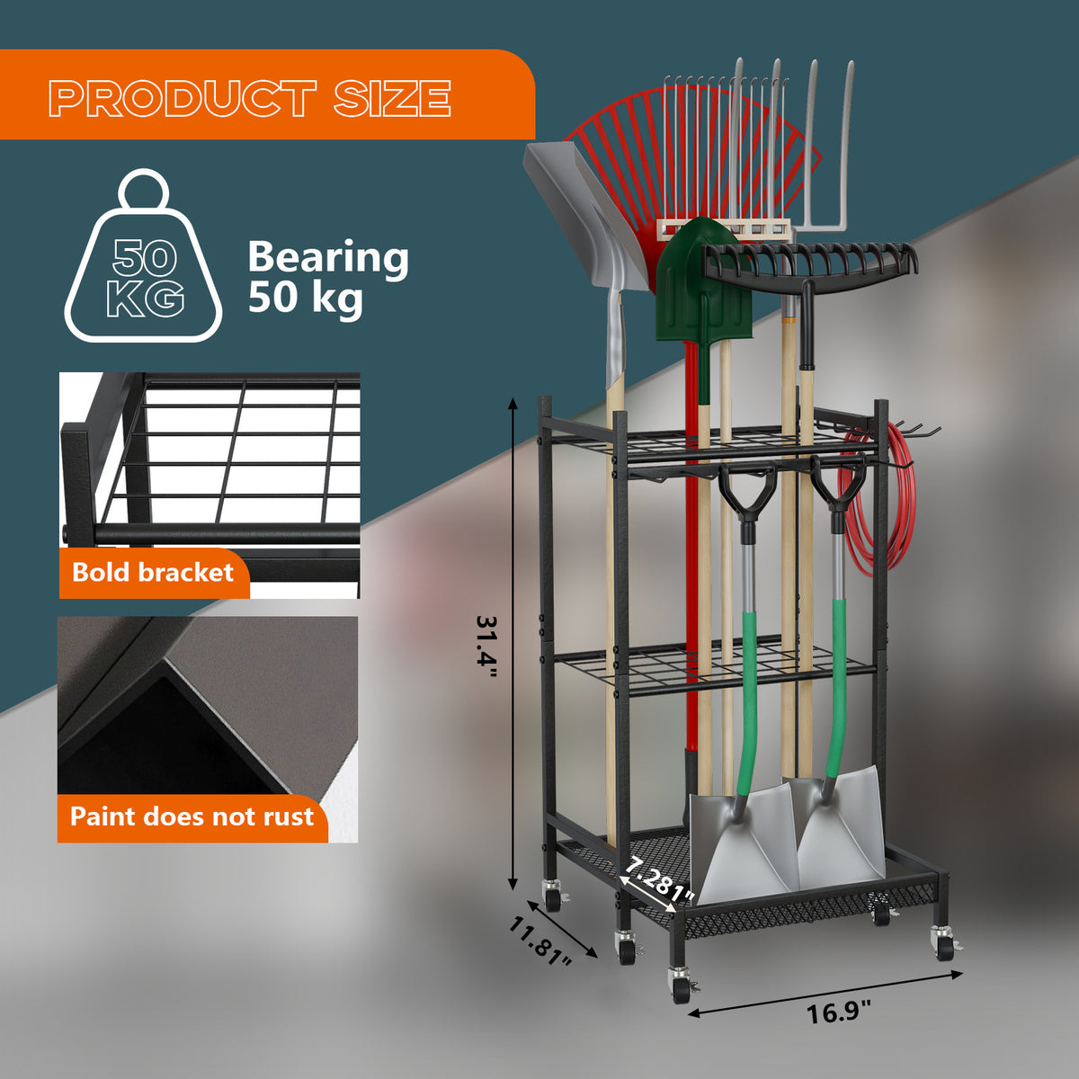 3-Tier Carbon Steel Garden Tool Storage Rack with Wheels