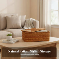 Rectangular Woven Basket with Lid Pastoral design for Coffee Table, Living Room