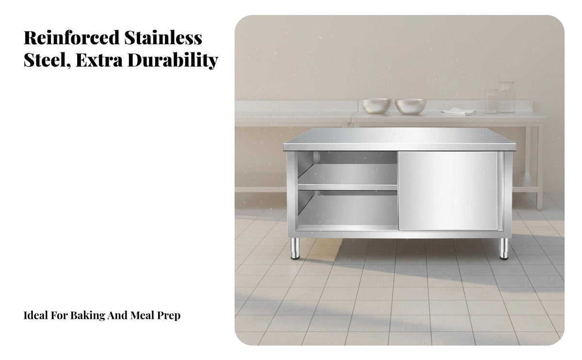 Easy to Clean Kitchen Prep Table with Sliding Doors Anti-Rust Kitchen Work Table with Sliding Doors Wear Resistant Stainless Steel Workbench Polished Edges for Restaurant Employees, Home Cooks, Bakery, Cafeteria, Workshop, Warehouse