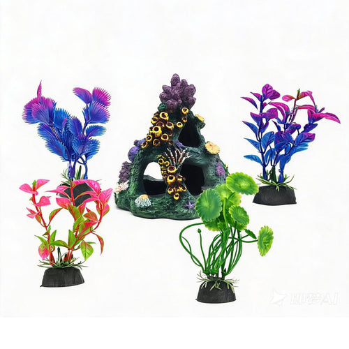Aquarium Cave with Plants Versatile Decorations Weighted for Terrarium
