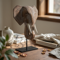Elephant Head Sculpture Patterned Ears Elephant Statue Visible Tusks