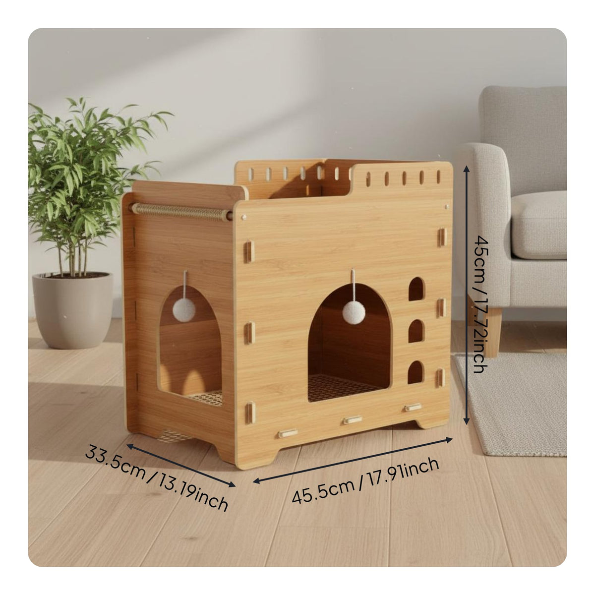 Wooden Cat Treehouse Scratcher Easy Assembly 2 Tier Cat House Breathable Pet Furniture for Cats, Kittens