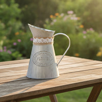 Vintage Flower Vessel Rustic Metal Pitcher Distressed Vase with Handle Country for Florists, Wedding
