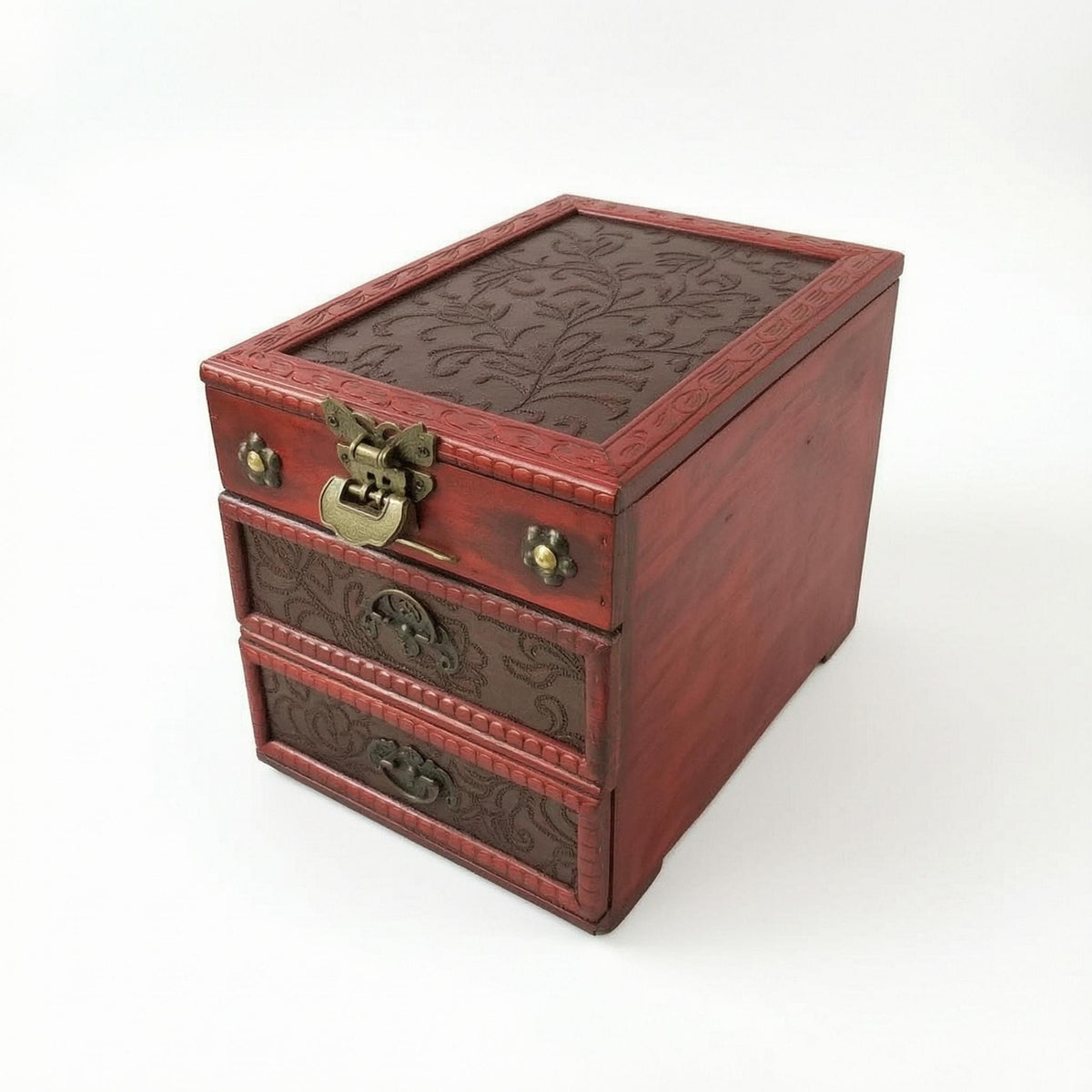 Vintage Wood Jewelry Box Embossed Floral Storage Item Scroll Pattern