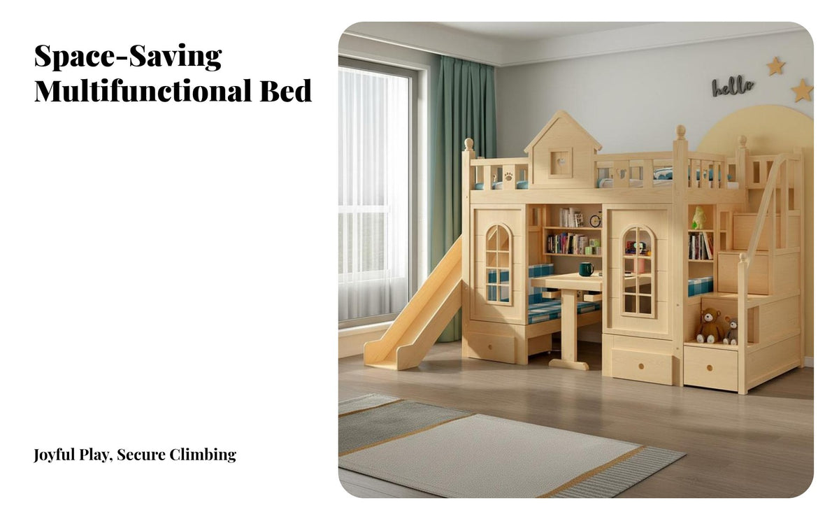 Castle Bunk Bed with Slide Multi-Functional Tiered Sleeping Arrangement Bed Slide Storage Space Saving for Children, Parents, Playroom, Bedroom, Home