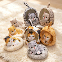Cute Tabby Cat Plush Toy with Bed, Simulated Kitten Stuffed Animal, Home Decor, Gift