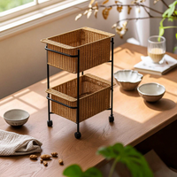Two-Tier Storage Trolley Iron Frame Woven Basket Trolley Raised Rims