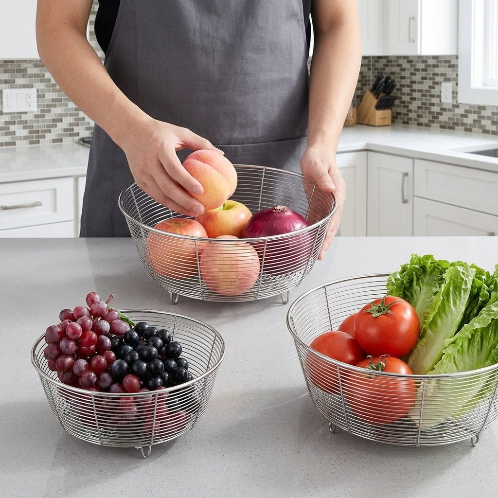 Stainless Steel Colander and Pasta Strainer, Heavy Duty Metal Food Strainer with Footed Base, Kitchen Strainer for Small Grains and Spaghetti